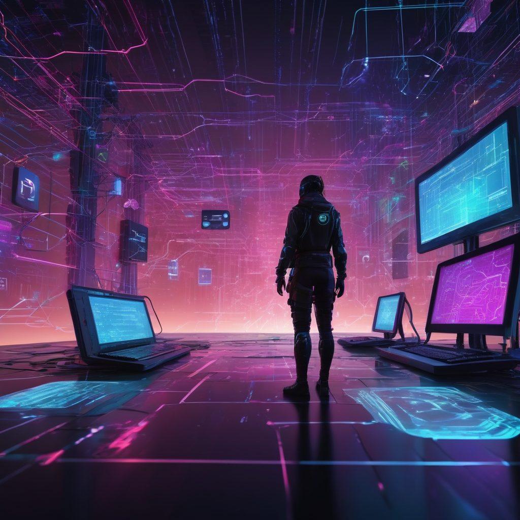 A futuristic digital landscape showcasing interconnected web elements, vibrant data streams, and coding symbols; a silhouette figure navigating through the network with tools representing web development and optimization; modern devices reflecting responsive design concepts. Highly detailed. Cyberpunk theme. Vibrant colors. 3D rendering.