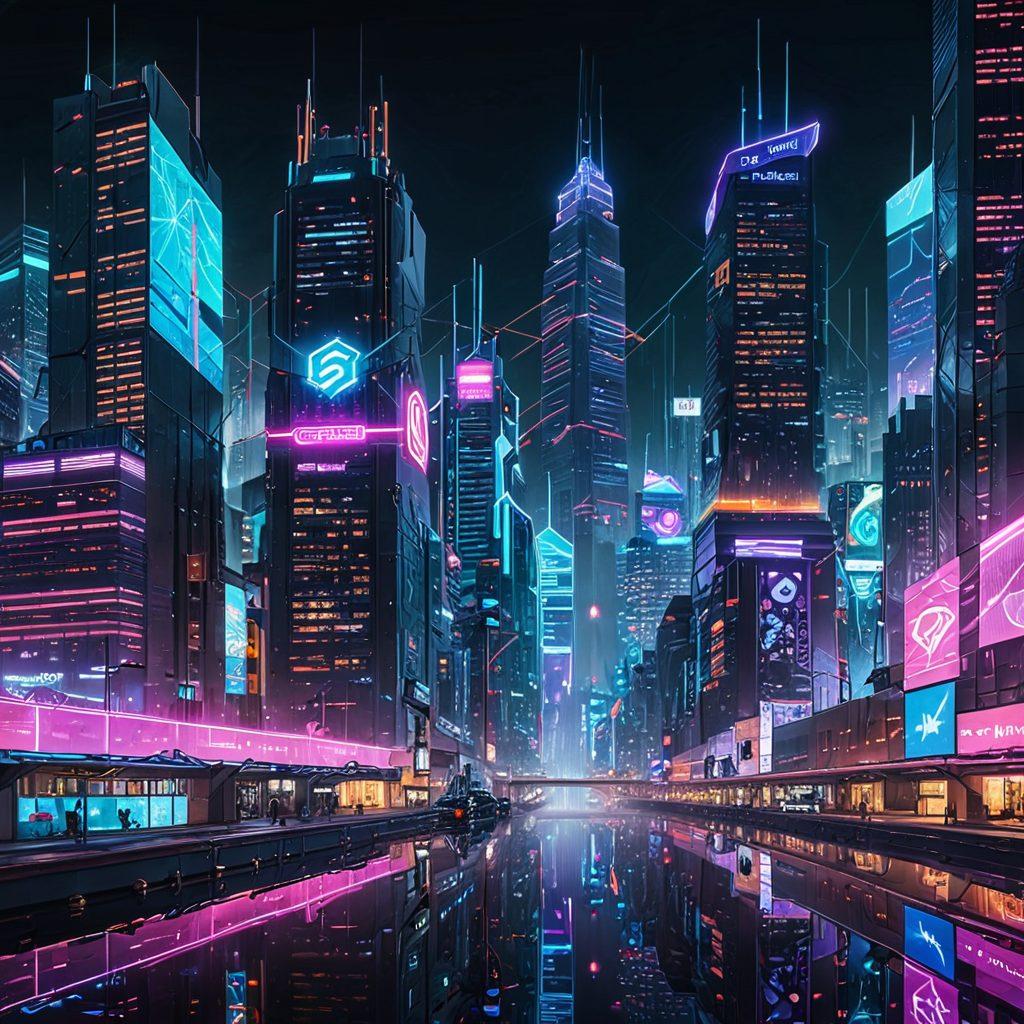 A dynamic and futuristic cityscape made of interconnected digital webs and networks, with skyscrapers adorned with colorful neon signs displaying various brand logos. A sleek holographic interface overlays the scene, showing graphs and charts of SEO metrics. A strong spotlight highlights a central building, symbolizing a prominent brand. super-realistic. vibrant colors. cyberpunk style.