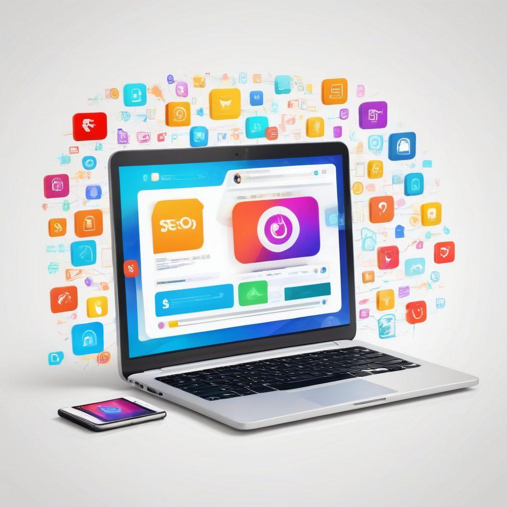 A dynamic and modern website interface displayed on a laptop and mobile phone surrounded by vibrant digital icons representing SEO, coding, analytics, and social media, with a bright background symbolizing growth and connectivity. super-realistic. vibrant colors. white background.